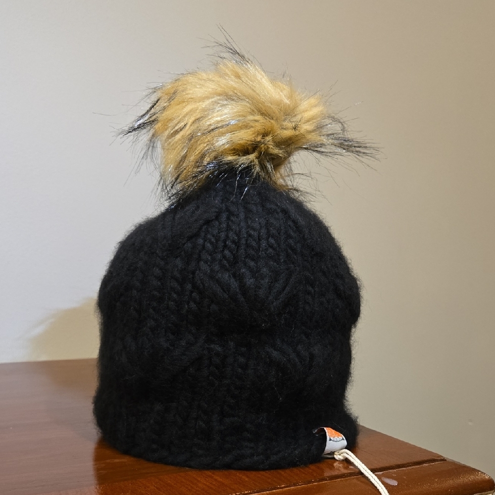 Black Knit Beanie with Faux Fur Pom